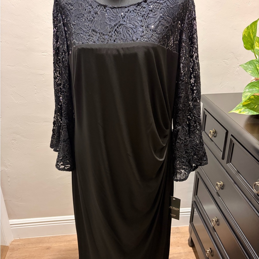 Ralph Lauren Black Lace and Sequins Long Sleeve Dress
